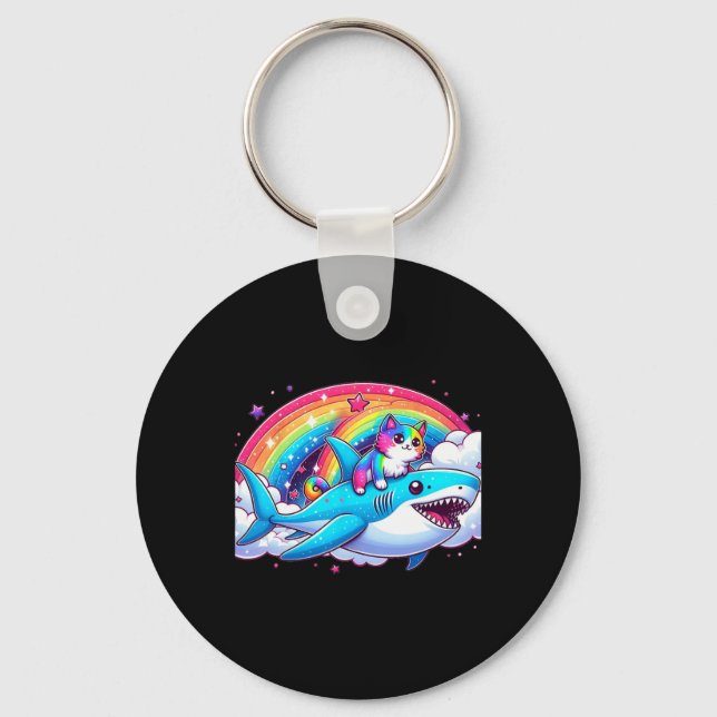 Rainbow Galaxy Cat Riding Shark In Space Funny Cat Key Ring (Front)
