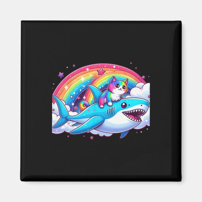 Rainbow Galaxy Cat Riding Shark In Space Funny Cat Magnet (Front)