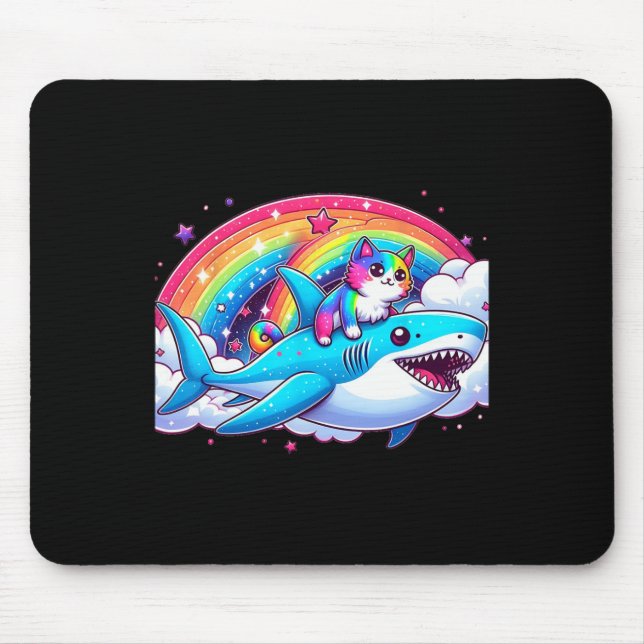 Rainbow Galaxy Cat Riding Shark In Space Funny Cat Mouse Pad (Front)