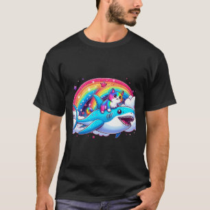 Rainbow Galaxy Cat Riding Shark In Space Funny Cat T-Shirt