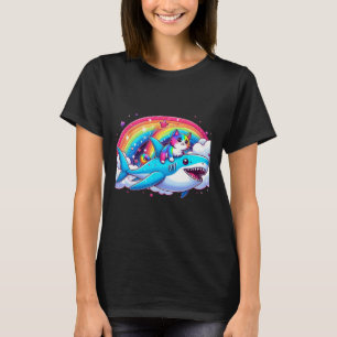 Rainbow Galaxy Cat Riding Shark In Space Funny Cat T-Shirt