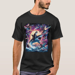 Rainbow Galaxy Cat Riding Shark in Space War Sci-f T-Shirt
