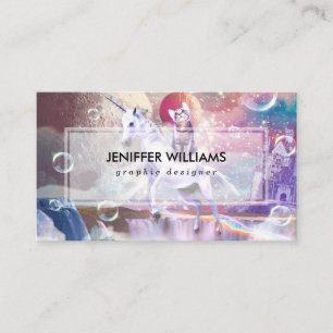 Rainbow galaxy cat riding unicorn in space. business card