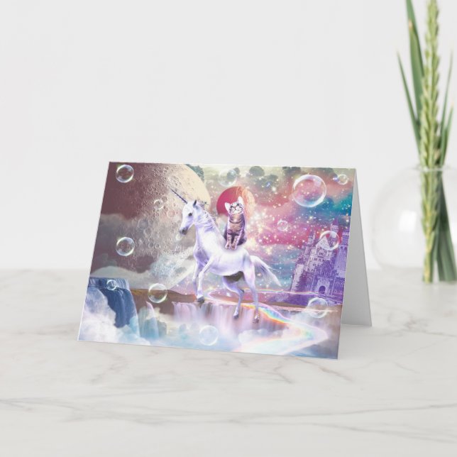 Rainbow galaxy cat riding unicorn in space.        card (Front)