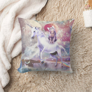 Rainbow galaxy cat riding unicorn in space. cushion