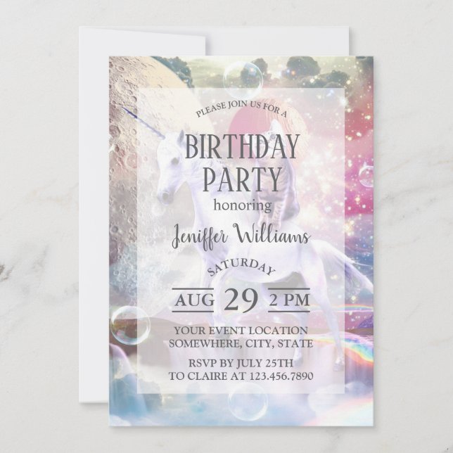 Rainbow galaxy cat riding unicorn in space.        invitation (Front)