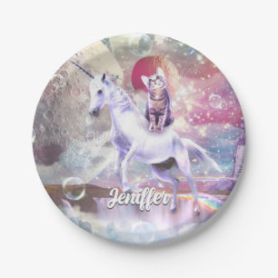 Rainbow galaxy cat riding unicorn in space. paper plate