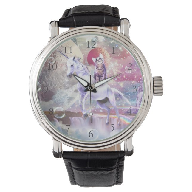 Rainbow galaxy cat riding unicorn in space.        watch (Front)