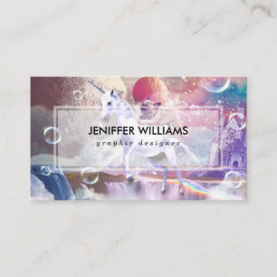 Rainbow galaxy pug riding unicorn in space. business card