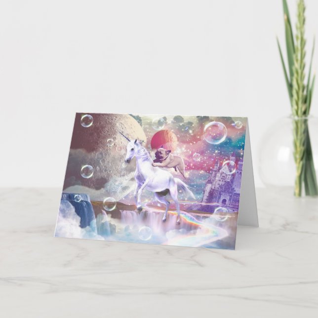 Rainbow galaxy pug riding unicorn in space.        card (Front)