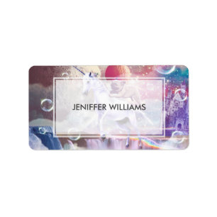 Rainbow galaxy pug riding unicorn in space. label