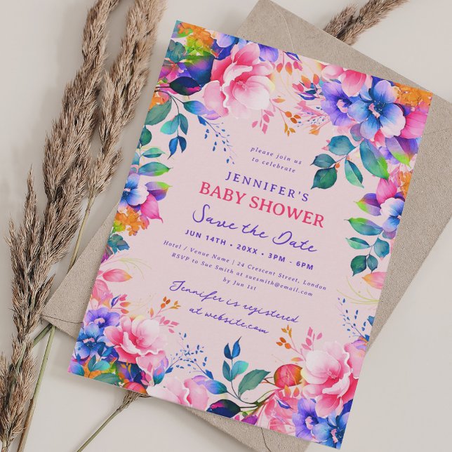 Rainbow Garden Floral Baby Shower Save Date Blush Invitation (Rainbow Garden Floral Baby Shower Save Date Blush Invitation)