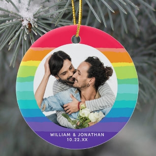 Rainbow Gay Couple Photo Ceramic Ornament
