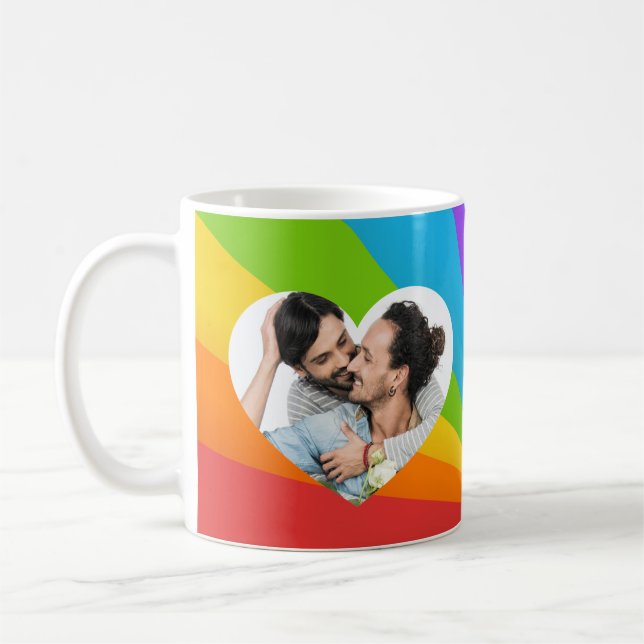 Rainbow Gay Couple Photo in Heart Romantic Love Coffee Mug (Left)