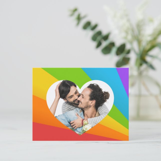 Rainbow Gay Couple Photo in Heart Romantic Love Postcard (Standing Front)