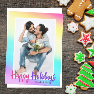 Rainbow Gay Pride Couple Photo Cute Modern Holiday Card