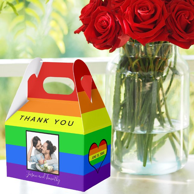 Rainbow Gay Pride Couple Photo Striped Wedding Favour Box (Creator Uploaded)
