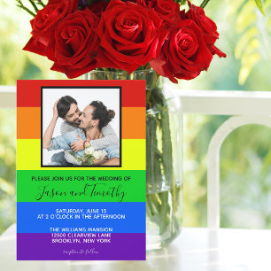 Rainbow Gay Pride Couple Photo Striped Wedding Invitation