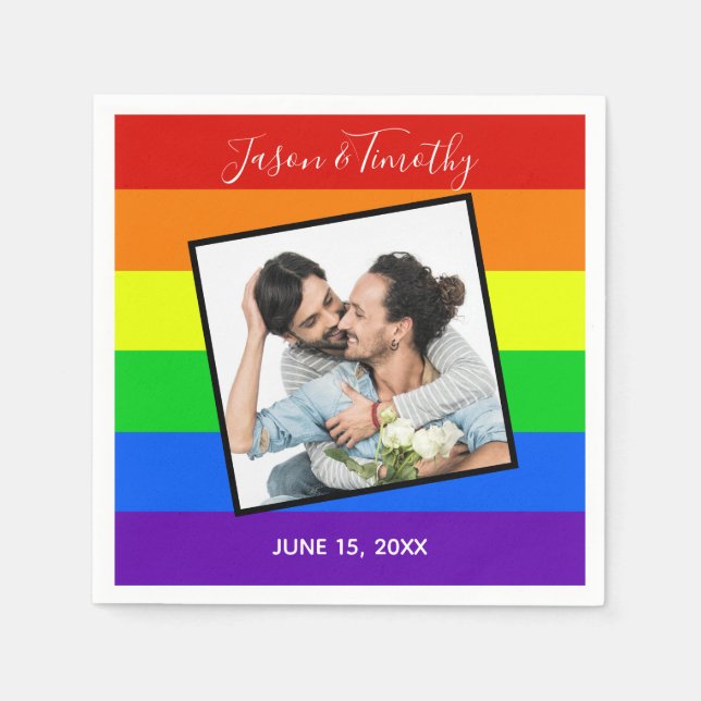 Rainbow Gay Pride Custom Couple Photo Bold Wedding Napkin (Front)