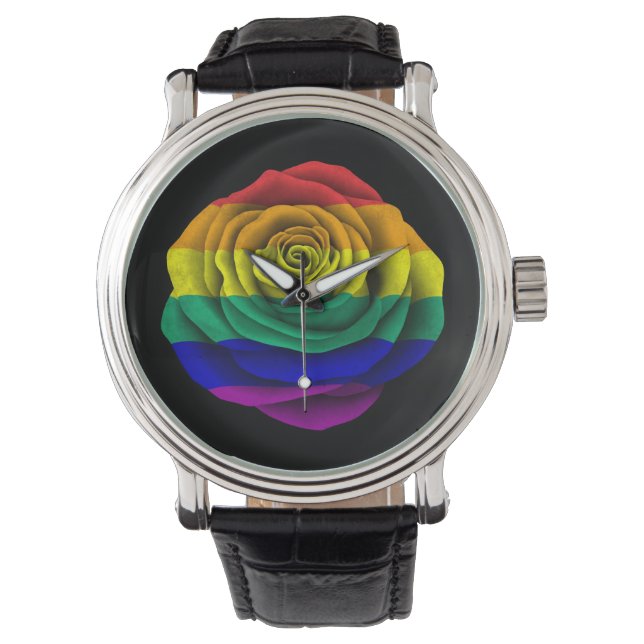 Rainbow Gay Pride Rose Flag on Black Watch (Front)