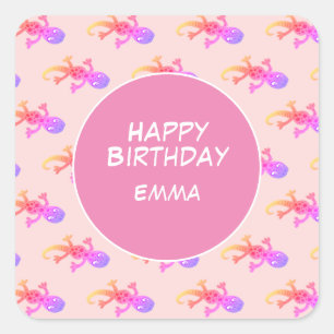 Rainbow Gecko Pink Custom Kids Birthday Square Sticker