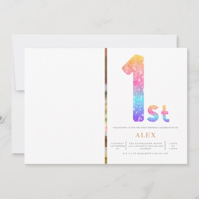 Rainbow Gender Neutral 1st Birthday Photo Invitation (Front)