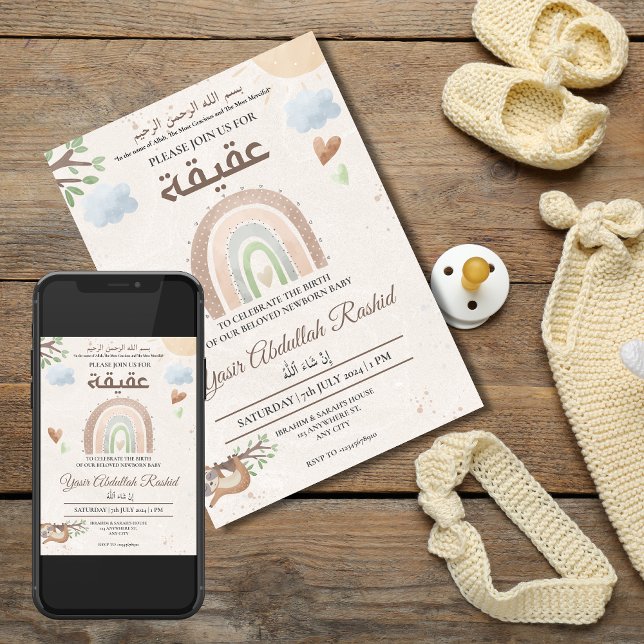 Rainbow Gender Neutral Newborn Baby Aqiqah Muslim Invitation (Creator Uploaded)