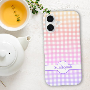 Rainbow Gingham Check Monogrammed Custom iPhone 16 Case