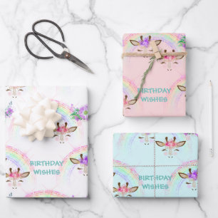 Rainbow Giraffe Faces Birthday Wrapping Paper Sheet