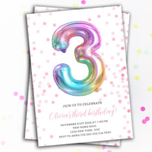 Rainbow Girl 3rd Birthday Party Balloon Number Invitation