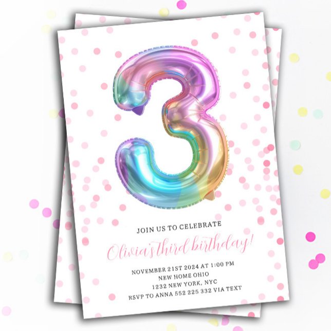 Rainbow Girl 3rd Birthday Party Balloon Number Invitation (Rainbow Ballon 3rd Birthday Girl Invitation Kids Party Invite)