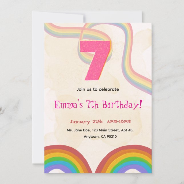 Rainbow Girl 7th Birthday Invitation (Front)