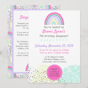 Rainbow Girl 90's Birthday Sleepover Kawaii Party Invitation