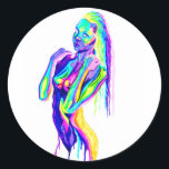 Rainbow girl canvas print classic round sticker<br><div class="desc">Rainbow girl, fluorescent marker drawing</div>