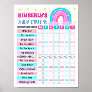 Rainbow Girl Daily Routine, Kid Everyday Checklist Poster