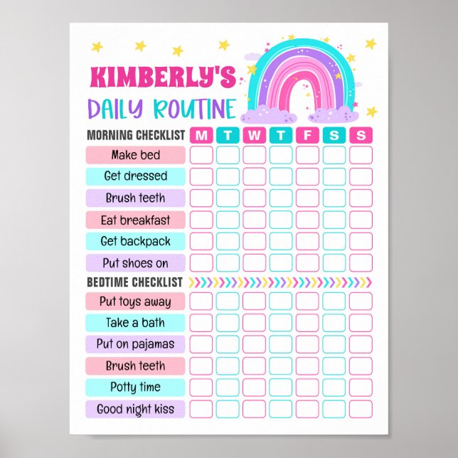 Rainbow Girl Daily Routine, Kid Everyday Checklist Poster (Front)