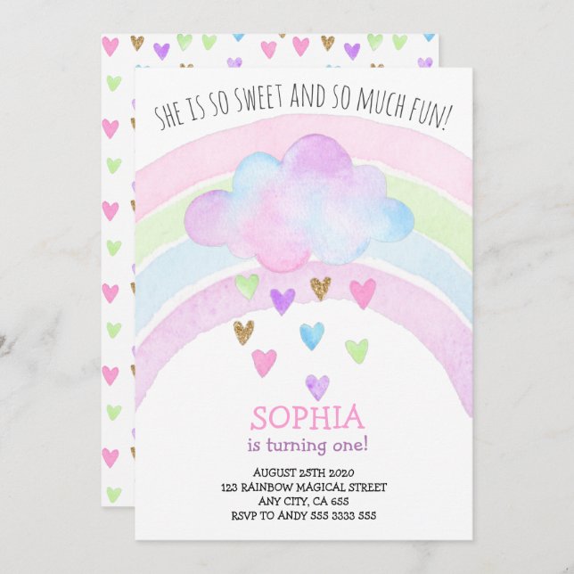 Rainbow Girl First Birthday Magical Gold Glitter Invitation (Front/Back)