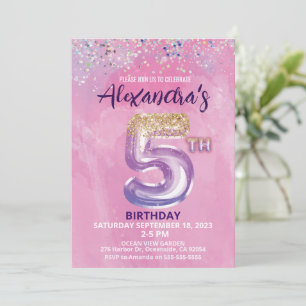 Rainbow Girl Foil Balloon 5th Birthday Invitation