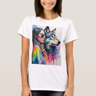 Rainbow Girl with wolf T-Shirt