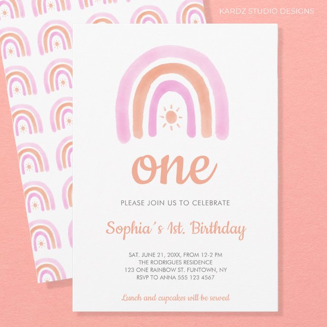 Rainbow Girl's 1st Birthday Party Invitation (Rainbow 1st Birthday Baby Girl Party Invitation)