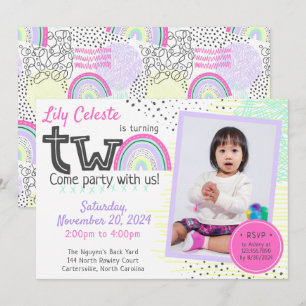 Rainbow Girl's 2nd Birthday Kawaii Doodles Photo Invitation