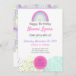 Rainbow Girl's 90's Birthday Kawaii Doodles Photo Invitation