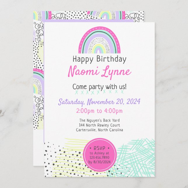 Rainbow Girl's 90's Birthday Kawaii Doodles Photo Invitation (Front/Back)