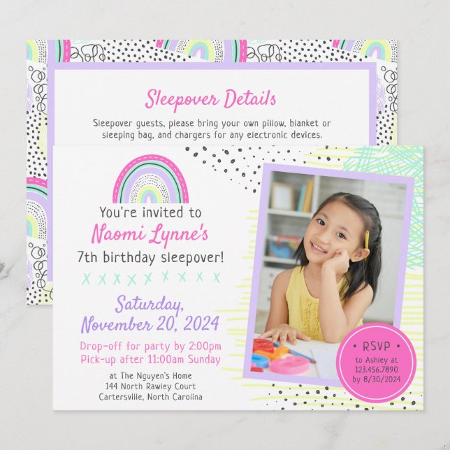 Rainbow Girl's 90's Birthday Sleepover Party Photo Invitation (Front/Back)