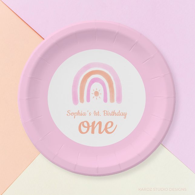 Rainbow Girl's first Birthday Party  Paper Plate (Cute One 1st Birthday Rainbow Baby Girl Paper Plates)