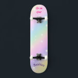 Rainbow  Girly Custom Personalised Name Skateboard<br><div class="desc">Rainbow skateboard with personalised Name and caption Rainbow Personalised Skateboard CLICK on PERSONALIZE TEMPLATE OPTION AND ENTER the NAME. you can also custom other caption. Cool skateboard designed with vivid colours and for the background and a funky unicorn riding a skateboard. This Skateboard makes a great gift idea for a...</div>