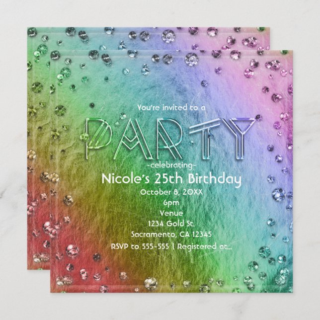 Rainbow Glam Faux Foil Bling Party Invitations (Front/Back)