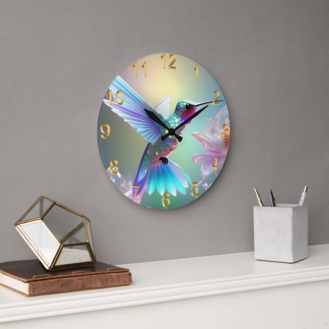 Rainbow Glass Hummingbird,  Large Clock (Office)