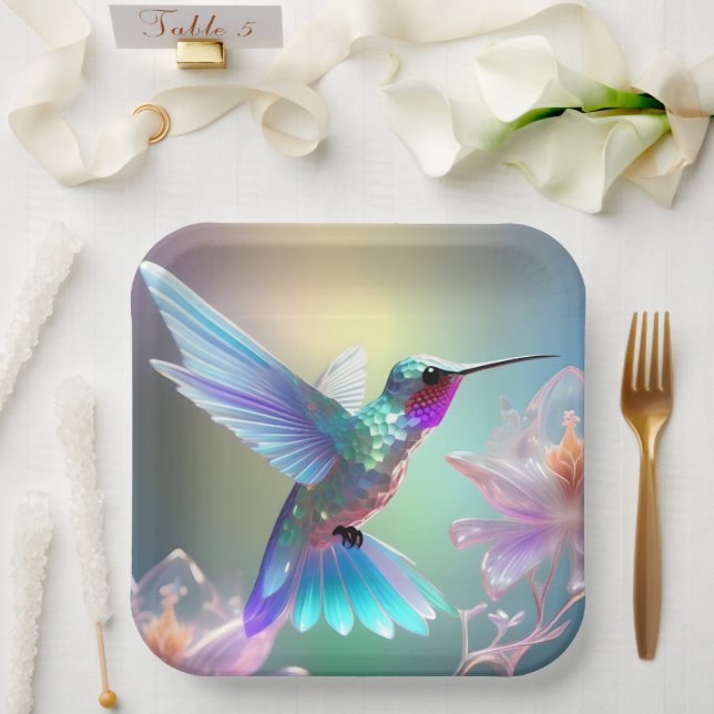 Rainbow Glass Hummingbird,  Paper Plate (Wedding)