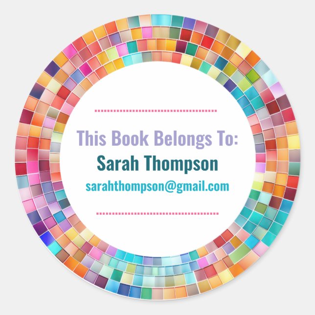 Rainbow Glass Mosaic Circle Frame Name Classic Round Sticker (Front)